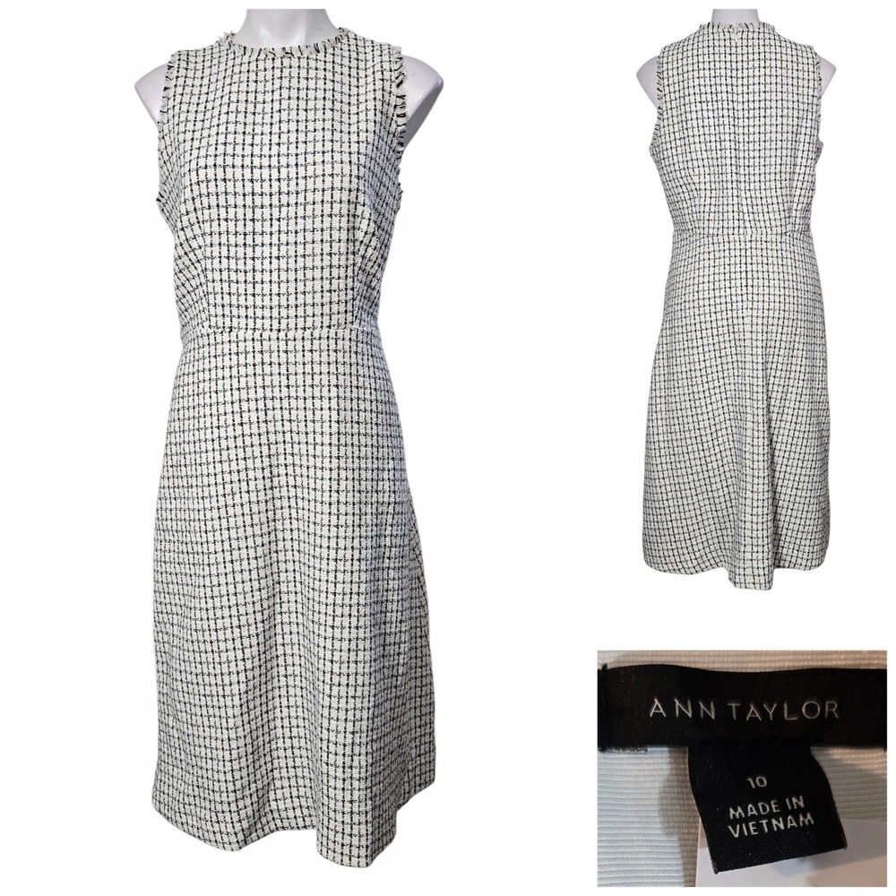 Ann Taylor midi dress Slvless Tweed Fringe Sheath Beige/Black 10 office church